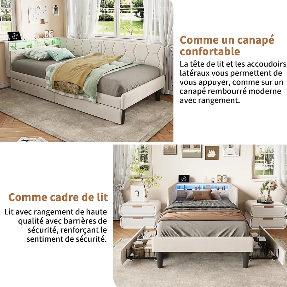 ProximaX Lit 90x200 cm beige en velours avec tiroirs et rangement, tête de lit LED, ports USB/Type-C, convertible en canapé ou lit simple* Lit Coffre