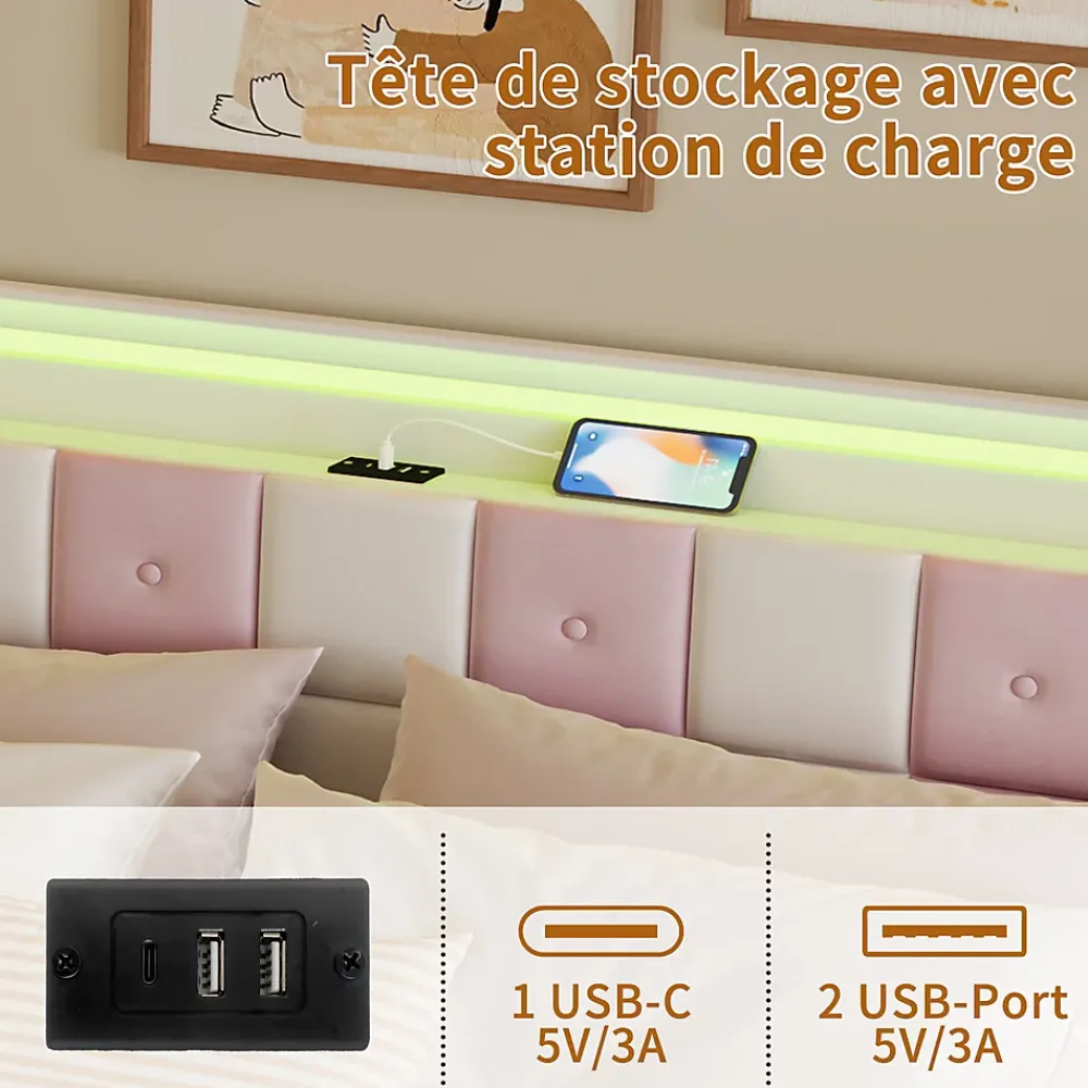 ProximaX Lit 140x190 cm blanc/rose en velours avec 4 tiroirs, LED 7 couleurs, ports USB, confort et rangement, style moderne* Lit Coffre