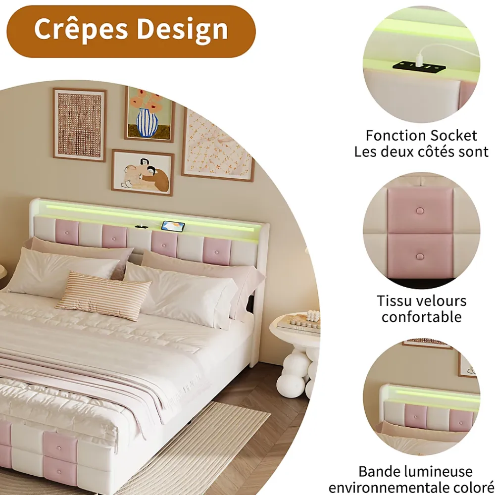 ProximaX Lit 140x190 cm blanc/rose en velours avec 4 tiroirs, LED 7 couleurs, ports USB, confort et rangement, style moderne* Lit Coffre