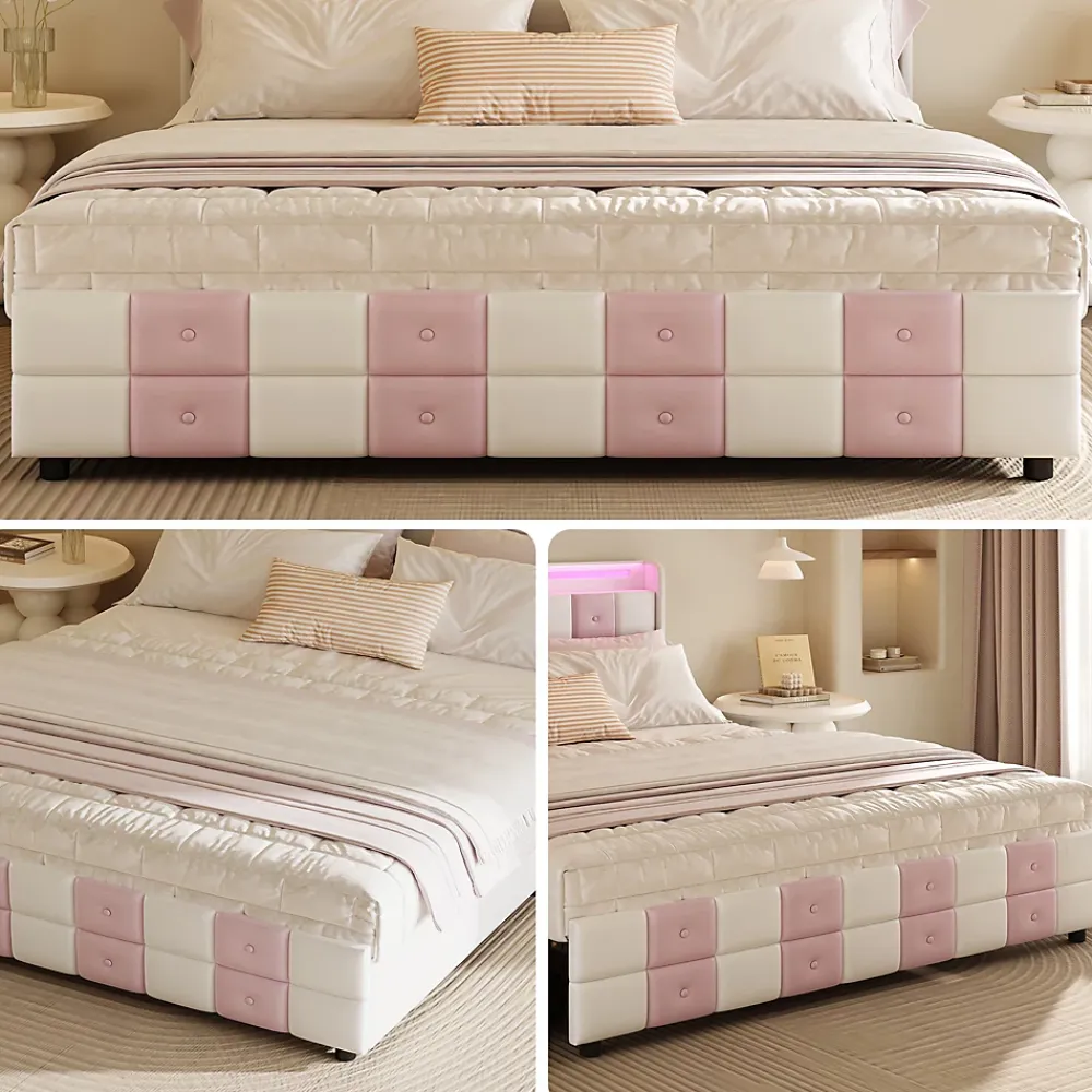 ProximaX Lit 140x190 cm blanc/rose en velours avec 4 tiroirs, LED 7 couleurs, ports USB, confort et rangement, style moderne* Lit Coffre