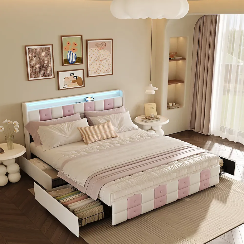 ProximaX Lit 140x190 cm blanc/rose en velours avec 4 tiroirs, LED 7 couleurs, ports USB, confort et rangement, style moderne* Lit Coffre