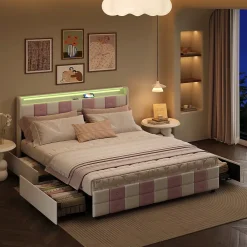 ProximaX Lit 140x190 cm blanc/rose en velours avec 4 tiroirs, LED 7 couleurs, ports USB, confort et rangement, style moderne* Lit Coffre