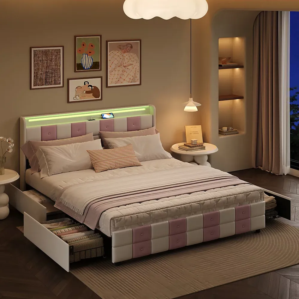 ProximaX Lit 140x190 cm blanc/rose en velours avec 4 tiroirs, LED 7 couleurs, ports USB, confort et rangement, style moderne* Lit Coffre