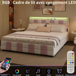 ProximaX Lit 140x190 cm blanc/rose en velours avec 4 tiroirs, LED 7 couleurs, ports USB, confort et rangement, style moderne* Lit Coffre