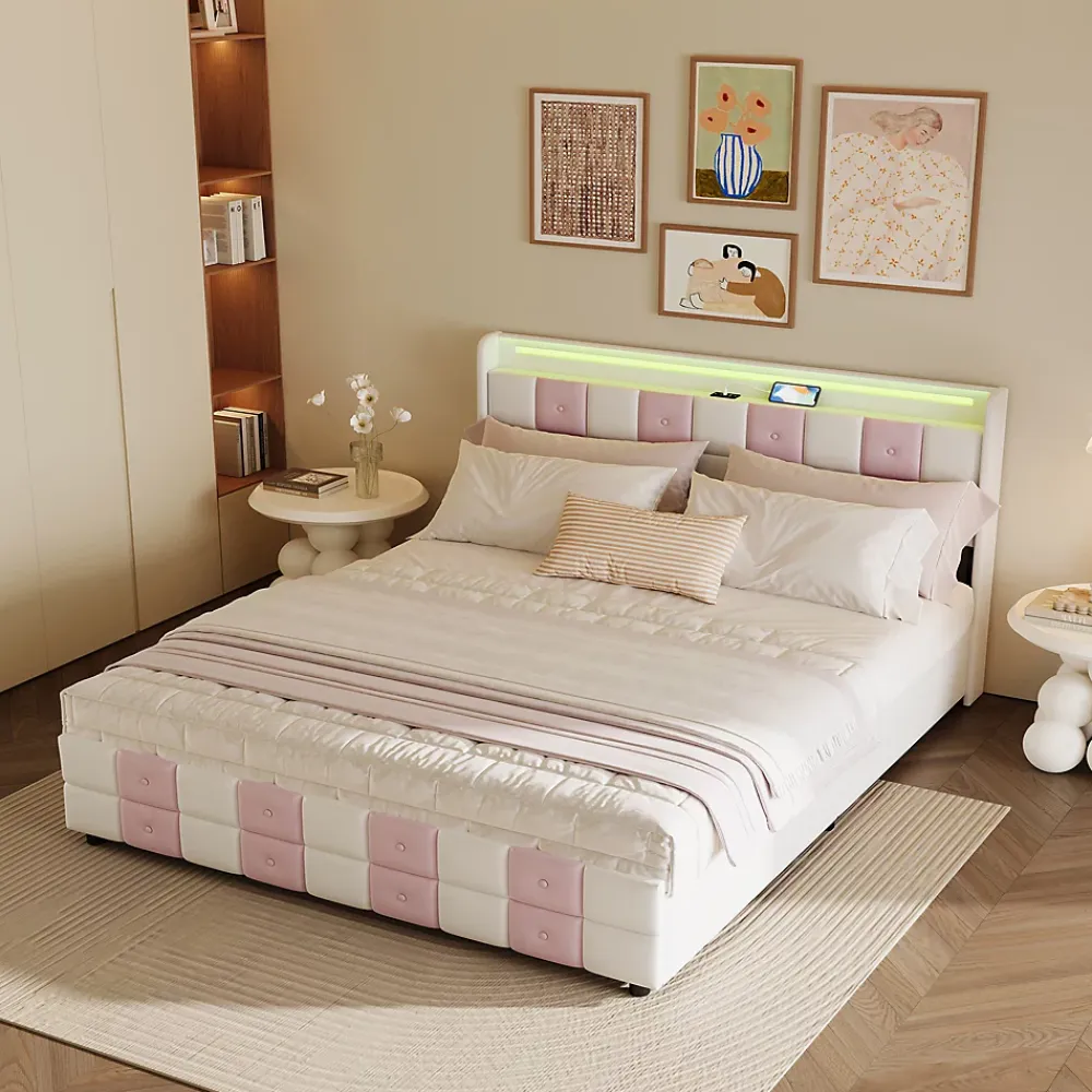 ProximaX Lit 140x190 cm blanc/rose en velours avec 4 tiroirs, LED 7 couleurs, ports USB, confort et rangement, style moderne* Lit Coffre