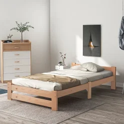 ProximaX Lit 90x200 cm bois massif, cadre avec sommier à lattes et tête de lit, adapté enfants, ados et adultes, couleur naturel* Lit Simple