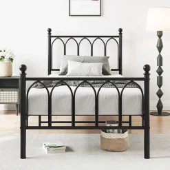 Redom Lit 90x200 cm cadre metal noir avec tete et pied hauts, lattes acier robustes et rangement sous lit 27 cm* Lit Simple