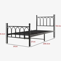 Redom Lit 90x200 cm cadre metal noir avec tete et pied hauts, lattes acier robustes et rangement sous lit 27 cm* Lit Simple