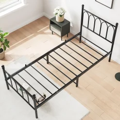 Redom Lit 90x200 cm cadre metal noir avec tete et pied hauts, lattes acier robustes et rangement sous lit 27 cm* Lit Simple