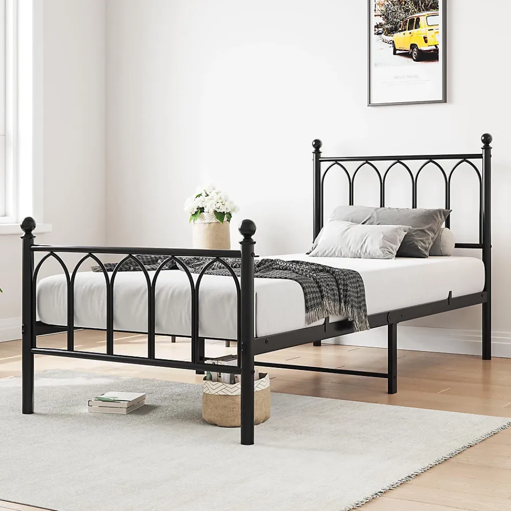Redom Lit 90x200 cm cadre metal noir avec tete et pied hauts, lattes acier robustes et rangement sous lit 27 cm* Lit Simple
