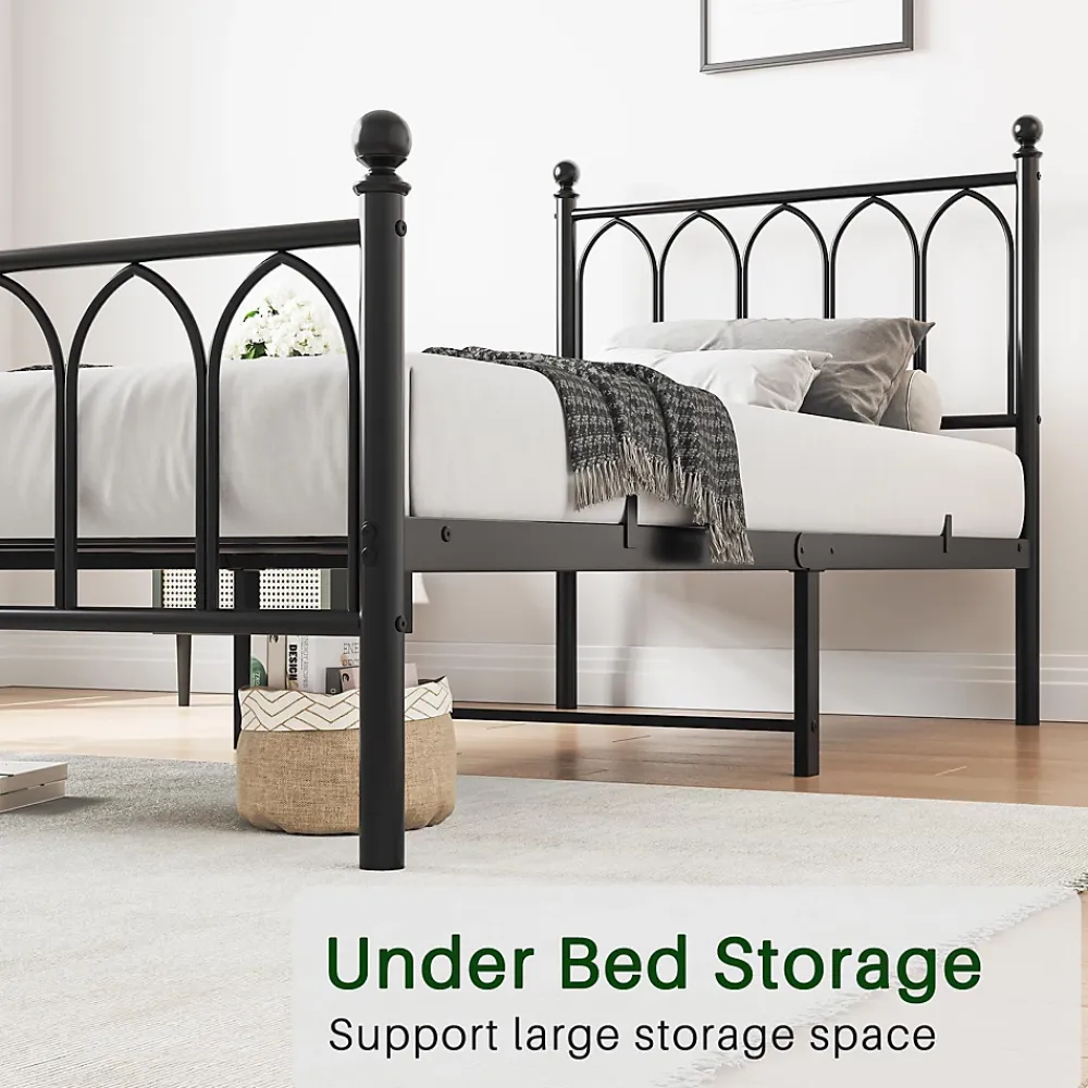 Redom Lit 90x200 cm cadre metal noir avec tete et pied hauts, lattes acier robustes et rangement sous lit 27 cm* Lit Simple