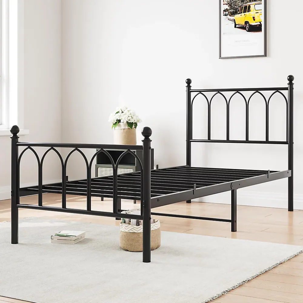 Redom Lit 90x200 cm cadre metal noir avec tete et pied hauts, lattes acier robustes et rangement sous lit 27 cm* Lit Simple