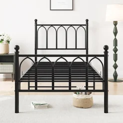 Redom Lit 90x200 cm cadre metal noir avec tete et pied hauts, lattes acier robustes et rangement sous lit 27 cm* Lit Simple