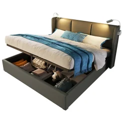 Lit 140x200 cm coffre avec sommier relevable, tête de lit tapissée PU gris et lampe de lecture à chargeur USB>Redom Clearance