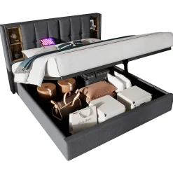 Redom Lit 180x200 cm coffre de rangement avec tête de lit charge sans fil, tapissé coton gris* Ensemble Sommier Et Matelas