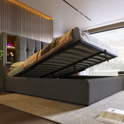 Redom Lit 180x200 cm coffre de rangement avec tête de lit charge sans fil, tapissé coton gris* Ensemble Sommier Et Matelas