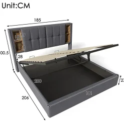 Redom Lit 180x200 cm coffre de rangement avec tête de lit charge sans fil, tapissé coton gris* Ensemble Sommier Et Matelas
