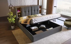 Redom Lit 180x200 cm coffre de rangement avec tête de lit charge sans fil, tapissé coton gris* Ensemble Sommier Et Matelas