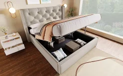 Redom Lit 160x200 cm coffre de rangement avec sommier relevable et tête de lit tapissée en coton gris clair* Ensemble Sommier Et Matelas
