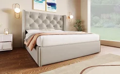 Redom Lit 160x200 cm coffre de rangement avec sommier relevable et tête de lit tapissée en coton gris clair* Ensemble Sommier Et Matelas