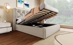 Redom Lit 160x200 cm coffre de rangement avec sommier relevable et tête de lit tapissée en coton gris clair* Ensemble Sommier Et Matelas