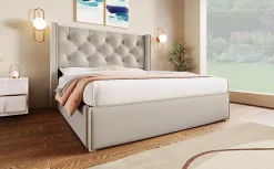 Redom Lit 160x200 cm coffre de rangement avec sommier relevable et tête de lit tapissée en coton gris clair* Ensemble Sommier Et Matelas