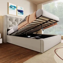 Redom Lit 160x200 cm coffre de rangement avec sommier relevable et tête de lit tapissée en coton gris clair* Ensemble Sommier Et Matelas