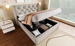 Redom Lit 160x200 cm coffre de rangement avec sommier relevable et tête de lit tapissée en coton gris clair* Ensemble Sommier Et Matelas