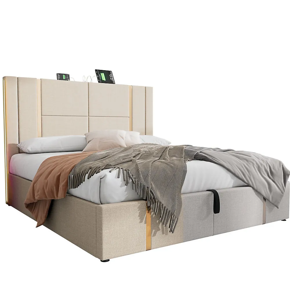 Lit 180x200 cm coffre de rangement et sommier relevable, tapissé lin beige, ports USB/Type-C, éclairage LED>Redom Clearance
