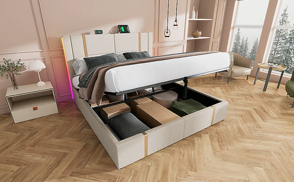 Lit 180x200 cm coffre de rangement et sommier relevable, tapissé lin beige, ports USB/Type-C, éclairage LED>Redom Clearance