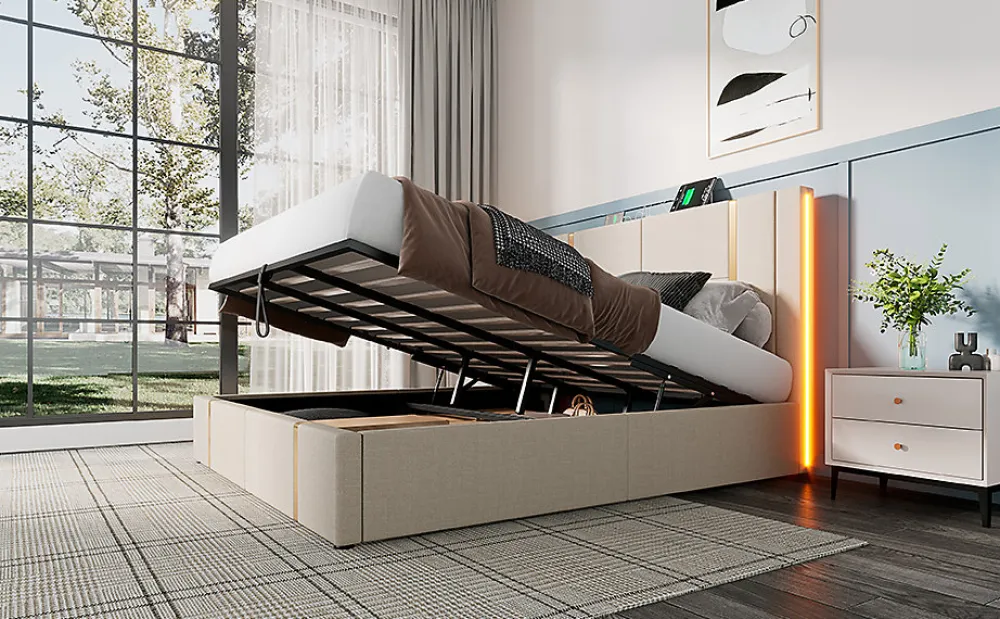 Lit 180x200 cm coffre de rangement et sommier relevable, tapissé lin beige, ports USB/Type-C, éclairage LED>Redom Clearance