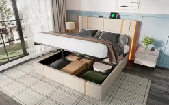 Lit 180x200 cm coffre de rangement et sommier relevable, tapissé lin beige, ports USB/Type-C, éclairage LED><noscript><img width=
