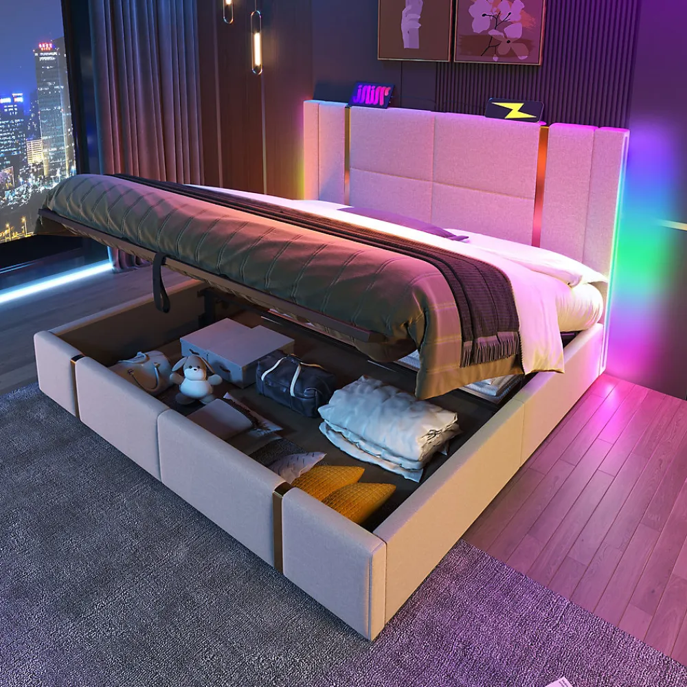 Lit 180x200 cm coffre de rangement et sommier relevable, tapissé lin beige, ports USB/Type-C, éclairage LED>Redom Clearance