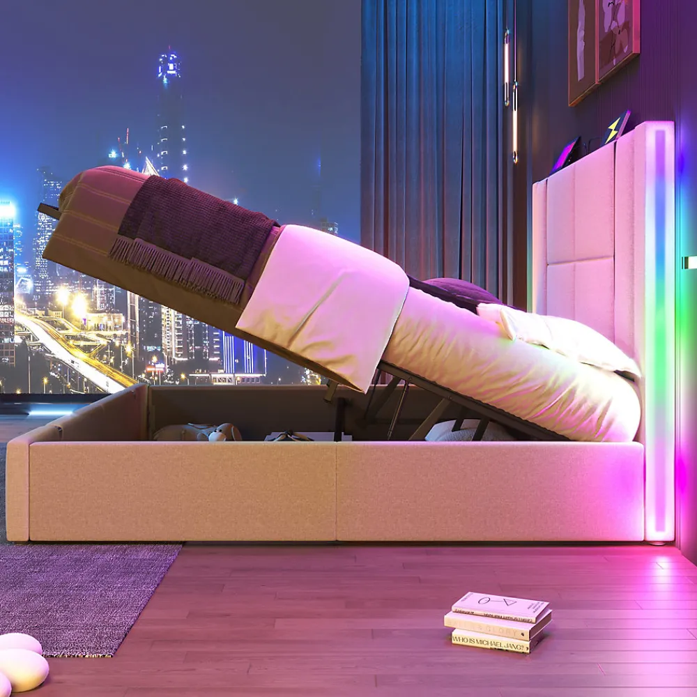 Lit 180x200 cm coffre de rangement et sommier relevable, tapissé lin beige, ports USB/Type-C, éclairage LED>Redom Clearance
