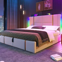 Lit 180x200 cm coffre de rangement et sommier relevable, tapissé lin beige, ports USB/Type-C, éclairage LED><noscript><img width=