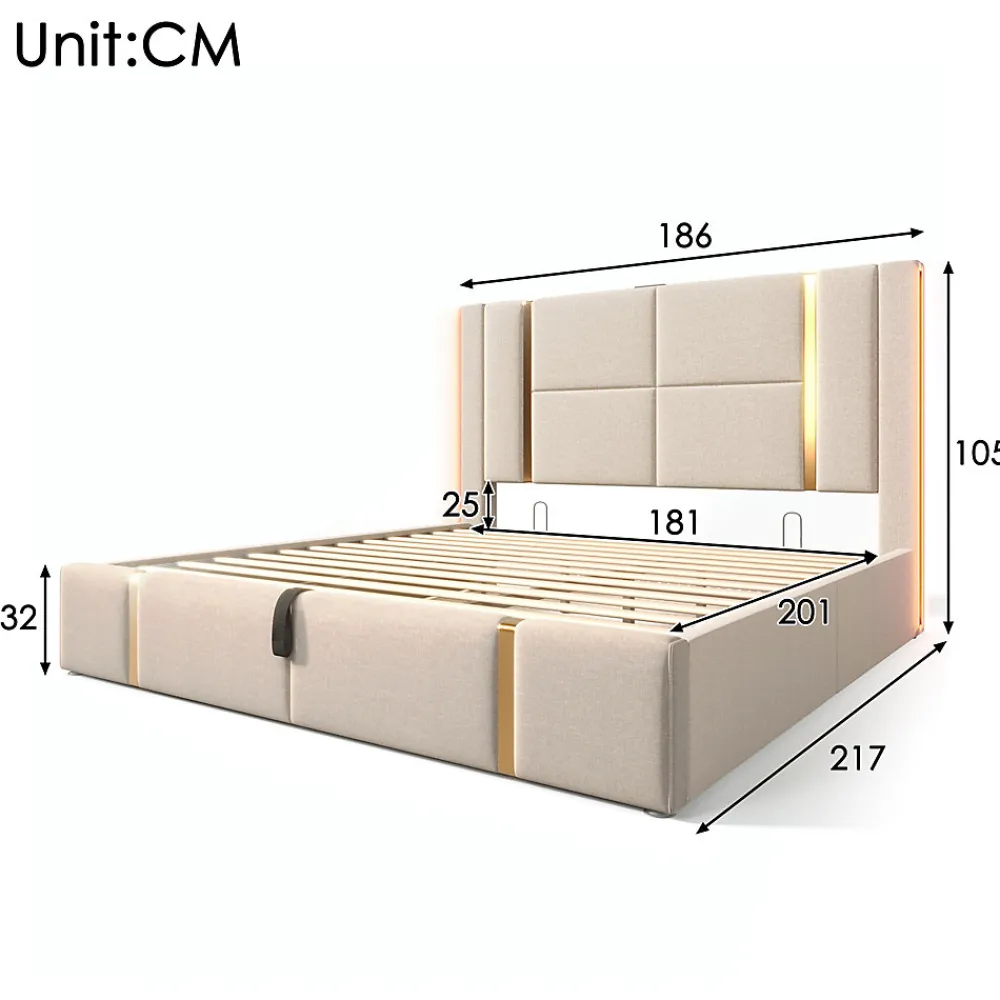 Lit 180x200 cm coffre de rangement et sommier relevable, tapissé lin beige, ports USB/Type-C, éclairage LED>Redom Clearance