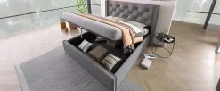Redom Lit 160x200 cm coffre de rangement avec sommier relevable et tête de lit capitonnée en tissu coton gris* Ensemble Sommier Et Matelas