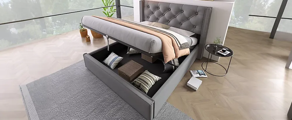 Redom Lit 160x200 cm coffre de rangement avec sommier relevable et tête de lit capitonnée en tissu coton gris* Ensemble Sommier Et Matelas