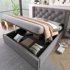 Redom Lit 160x200 cm coffre de rangement avec sommier relevable et tête de lit capitonnée en tissu coton gris* Ensemble Sommier Et Matelas