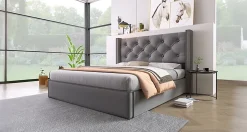 Redom Lit 160x200 cm coffre de rangement avec sommier relevable et tête de lit capitonnée en tissu coton gris* Ensemble Sommier Et Matelas