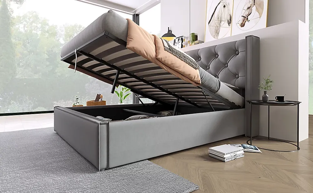 Redom Lit 160x200 cm coffre de rangement avec sommier relevable et tête de lit capitonnée en tissu coton gris* Ensemble Sommier Et Matelas
