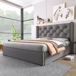 Redom Lit 160x200 cm coffre de rangement avec sommier relevable et tête de lit capitonnée en tissu coton gris* Ensemble Sommier Et Matelas