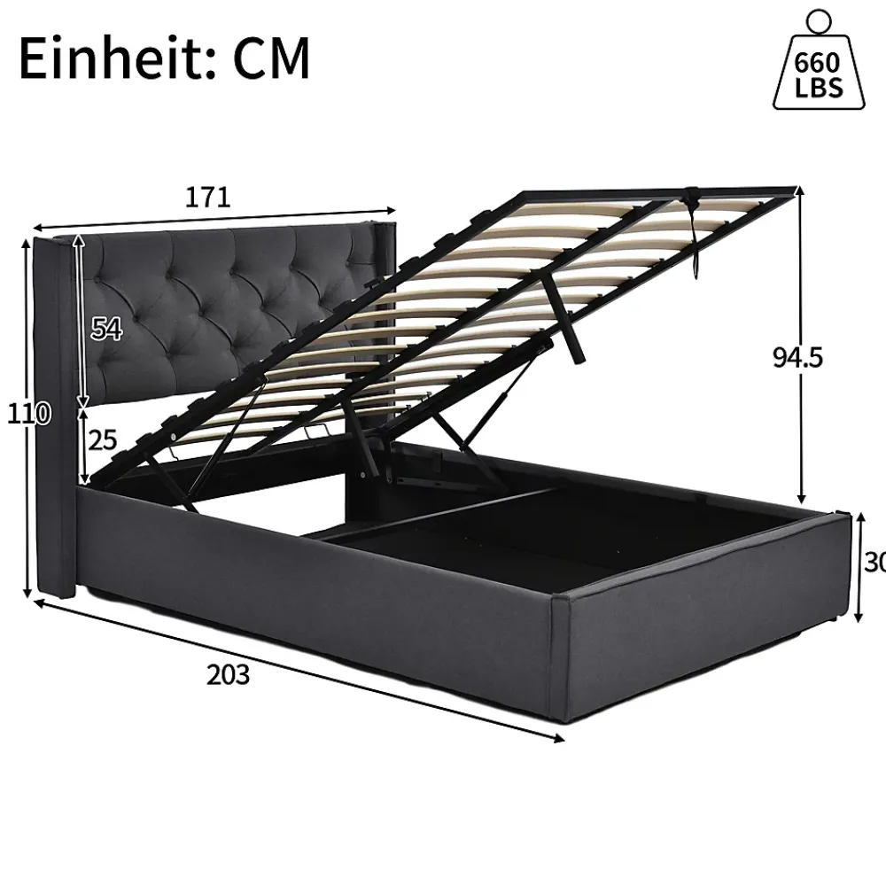 Redom Lit 160x200 cm coffre de rangement avec sommier relevable et tête de lit capitonnée en tissu coton gris* Ensemble Sommier Et Matelas