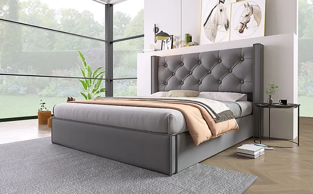 Redom Lit 160x200 cm coffre de rangement avec sommier relevable et tête de lit capitonnée en tissu coton gris* Ensemble Sommier Et Matelas