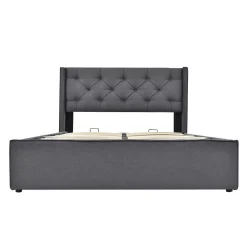 Redom Lit 160x200 cm coffre de rangement avec sommier relevable et tête de lit capitonnée en tissu coton gris* Ensemble Sommier Et Matelas
