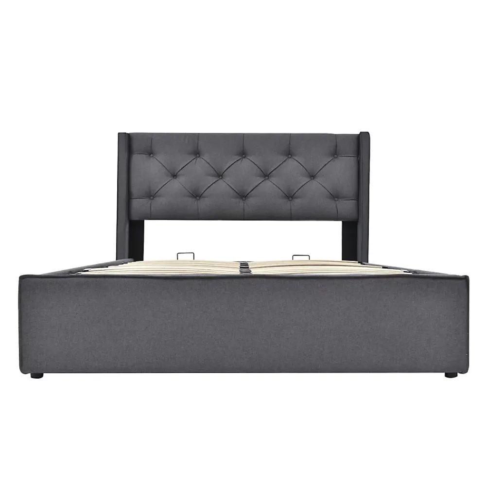 Redom Lit 160x200 cm coffre de rangement avec sommier relevable et tête de lit capitonnée en tissu coton gris* Ensemble Sommier Et Matelas