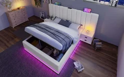 Redom Lit 180x200 cm coffre de rangement hydraulique LED 360 pilotable revêtement PU blanc ports USB Type C* Ensemble Sommier Et Matelas