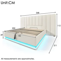 Redom Lit 180x200 cm coffre de rangement hydraulique LED 360 pilotable revêtement PU blanc ports USB Type C* Ensemble Sommier Et Matelas
