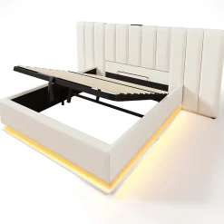 Redom Lit 180x200 cm coffre de rangement hydraulique LED 360 pilotable revêtement PU blanc ports USB Type C* Ensemble Sommier Et Matelas