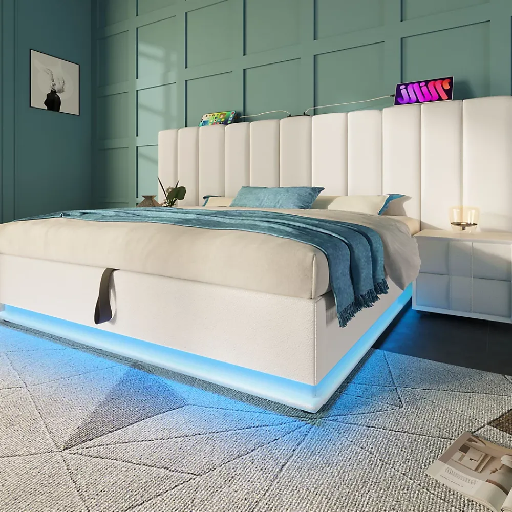 Redom Lit 180x200 cm coffre de rangement hydraulique LED 360 pilotable revêtement PU blanc ports USB Type C* Ensemble Sommier Et Matelas